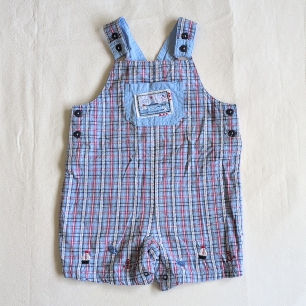 VTG Baby V Nautical Seersucker Shortalls Plaid Overalls 9 Months 9M Boy Vitamins